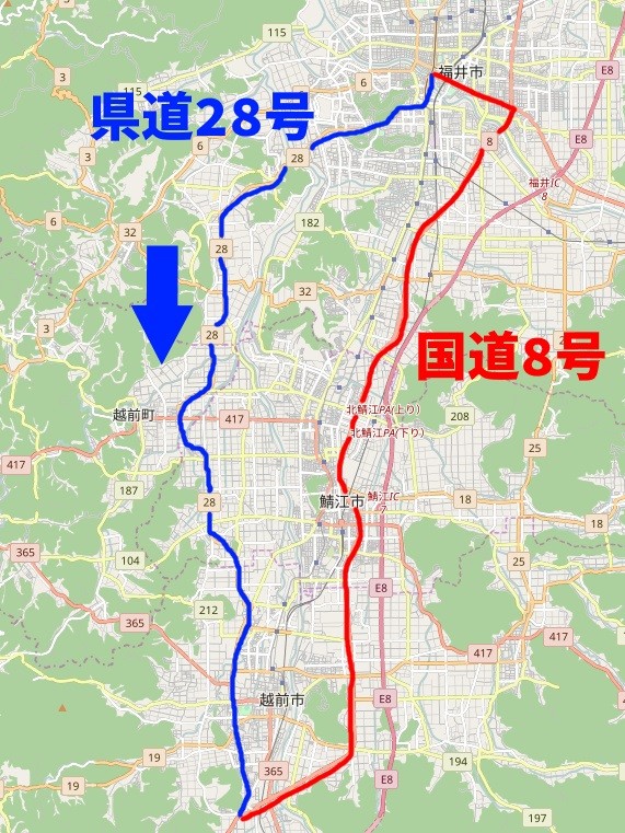 国道8号と県道28号の地図_矢印入り